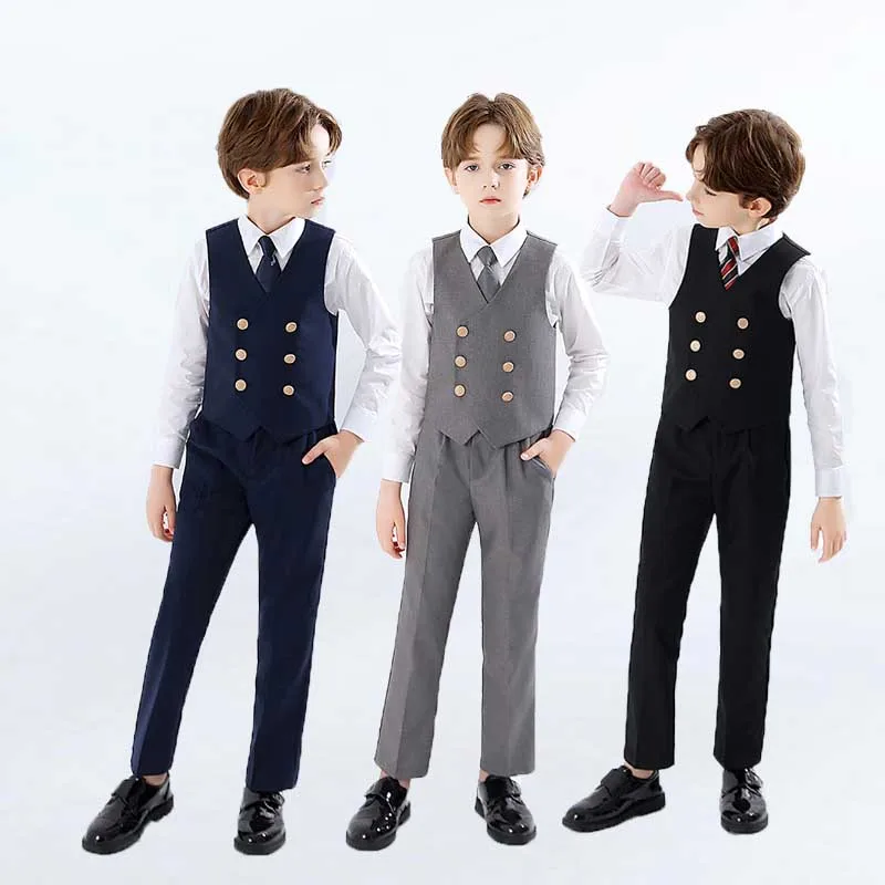 Children Gorgeous Vest Shirt Pants Tie 4PCS Formal Tuxedo Dress School Boys Photograph Suit Kids Birthday Performance Costume
