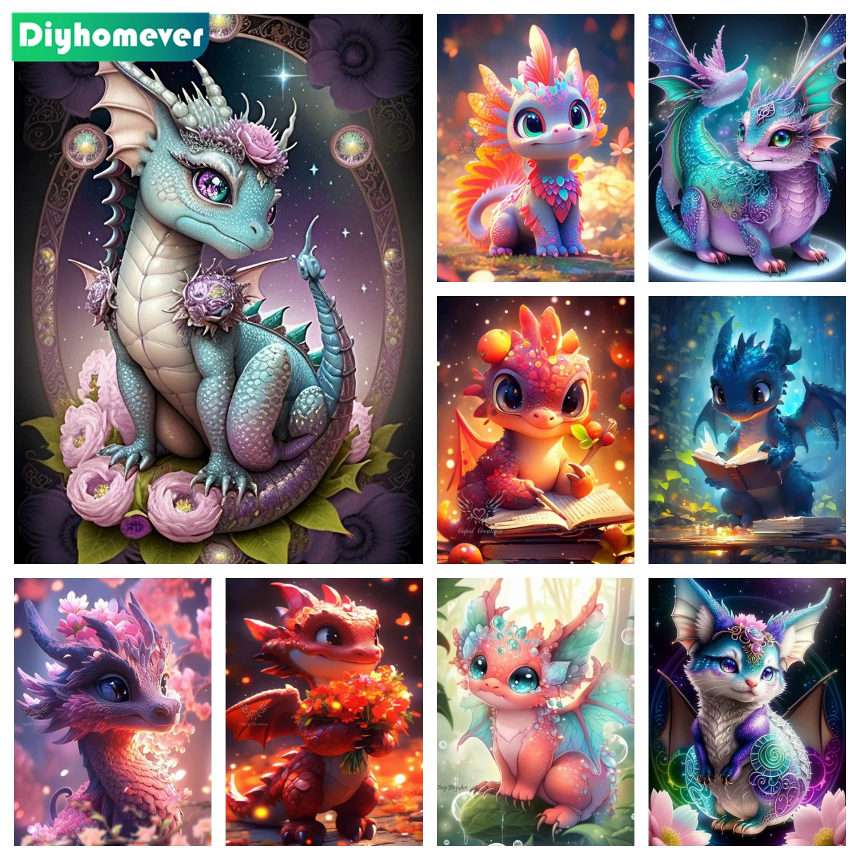 5D DIY Cartoon Colorful Dinosaur Diamond Painting Animal Baby Dragon Cross Stitch Kits Home Decor Handmade Diamond Mosaic Art
