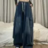 Vintage Blue Cargo Jeans Women Baggy Denim Pants Oversized Y2K Grunge Hip Hop Streetwear Harajuku Casual Wide Leg Trousers