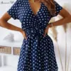 Short Sleeve Polka Dot Summer Dress Women V Neck Sexy Split A-Line Mini Party Dress Vestidos Casual Bohemian Beach Short Dress