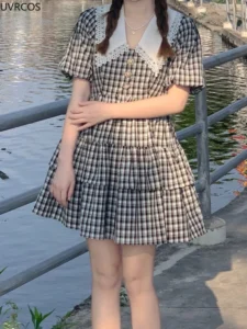 Summer Preppy Style Sweet Lolita Mini Dress Women Kawaii Peter Pan Collar Short Sleeve Plaid Cake Dresses Girly Party Vestidos - Image 2