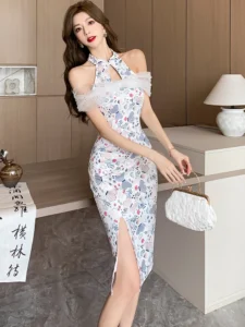 Women Fashion Print Chic Off Shoulder Sexy Slit Long Dress Summer Luxury Party Vestidos 224 Korean Vintage Elegant Festival Robe - Image 5