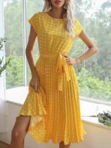 Benuynffy O-Neck Polka Dot Summer Dresses 2024 Cap Sleeve Women Knee Length Shirred Elegant Office Lady Belted A-Line Dress - Image 2