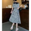 Retro French Hepburn Style Pullover Doll Neck Summer 2024 New Patchwork Zipper Print Waist Slimming Fashion Short Sleeved Dress - Image 4