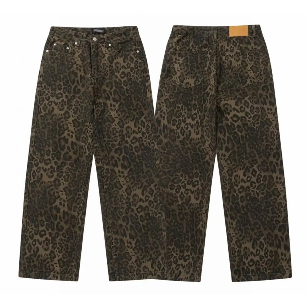 Unisex Pants Leopard Print Unisex Hop Jeans with Wide Leg Button Zipper Closure Soft Streetwear Trousers for Young Adults Unisex