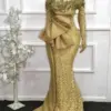 Elegant Luxury Evening Dresses 2024 Dubai Arabic Beads Appliques Long Sleeves Sequin Sexy Off-Shoulder Mermaid Formal Prom Dress