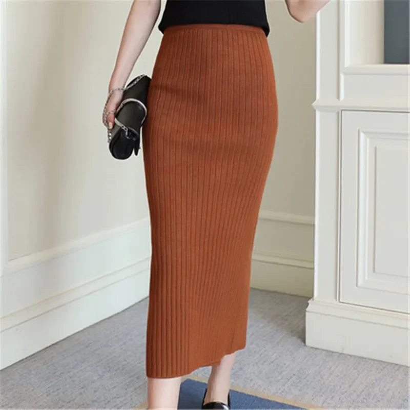 Hight Quality Autumn Winter Woolen Skirts Slim Belt Office Long Midi Skirt Step Pencil Skirt Knitted wool skirt