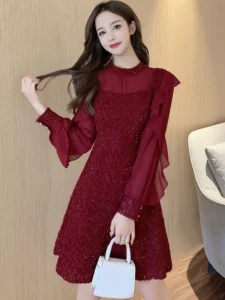 Autumn Winter Stand Collar Ruffles Mesh Patchwork Mini Dress Women Long Sleeve Elegant Fashion Bright Silk A-line Dresses Robe - Image 4