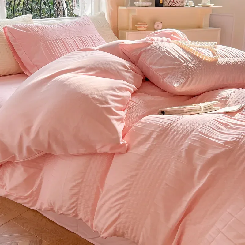 Korean Princess Seersucker Bedding Set Duvet Cover Flat Sheets Pillowcase Bed Sheet Set Soft Comforter Cover Bed Linens Set