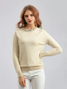 Chic Beaded O-neck Knitted Tshirts Women Spring Casual Slim Knitwear Jumper Tops Korean Long Sleeve Malhas Tee New Thin Sweater - Image 4