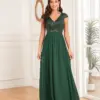 XUIBOL Elegant Sequins Green Evening Dress Women V Neck Wedding Party Graduation Prom For Chiffon Cocktail Floor Lenght Gowns