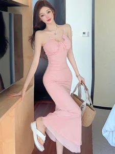 Women Pink Chic Pleated Elegant Sling Long Dress Summer Fashion Bodycon Ruffled Dress 2024 Korean Vintage Luxury Evening Dresses - Image 4