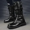 Black Fashion Punk Men Motorcycle Boots Zipper Leather High Boots for Man Metal Design Men's Rock Boots Plus Size 48 botas altas - Image 3