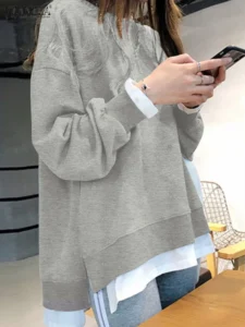 ZANZEA 2023 Fashion Long Sleeve Drop Shoulder Sweatshirts Women Pullover Autumn Solid Color Hoodies Korean Casual Round Neck Top - Image 2