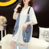 Fake Two Pieces Braces Denim Patchwork Pullovers Female Clothing Solid Color Summer Korean Loose Half Sleeve Midi T-shirt 2023 - Image 3