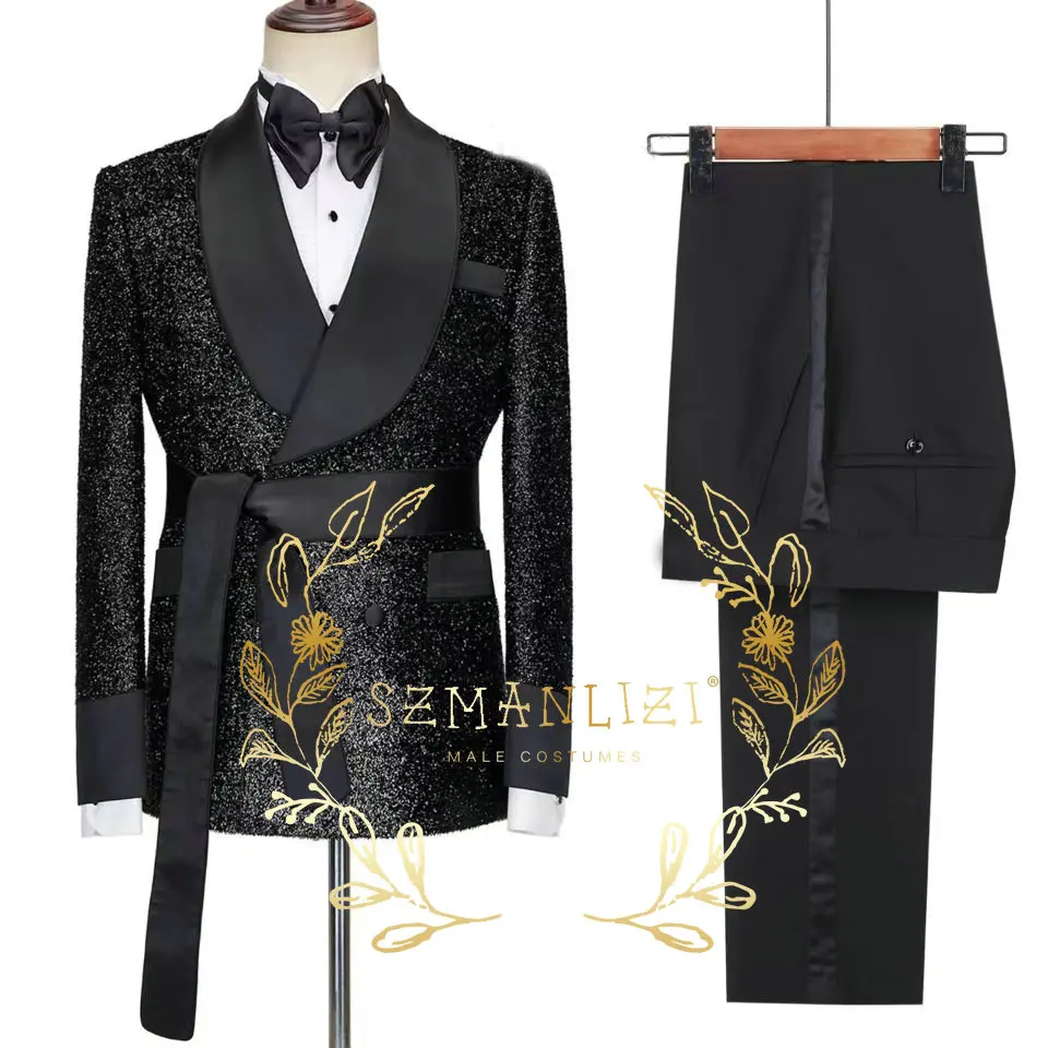 2023 Tailor-Made Shiny Black Groom Tuxedo Double Breasted Men Suit Prom Wedding Party Mens Suits Costume ( jacket Pants Belt)