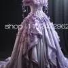 Lilac Lavender Princess Fairy Prom Dresses Handmade 3D Floral Off Shoulder Victorian Corset Evening Costume Gown Pleated