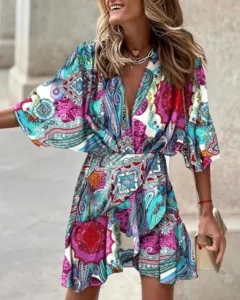 2024 Summer Irregular Beach Mini Dress For Women Fashion Print Casual Bohemia Style Sundress Female Bat Sleeve Ruffles Dresses - Image 3