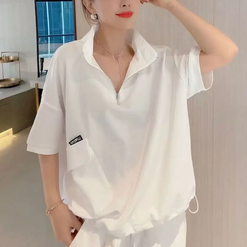 Half Zip Pullover T-shirts Women Casual Loose Short Sleeve Stand Collar Top Spring Summer Trend Thin T Shirt Korean Style Tshirt