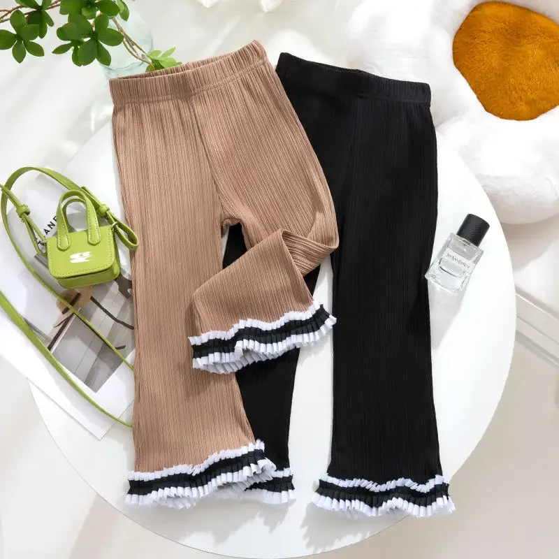 Kids Girls Pleated Leggings 2023 New Arrival Children Casual Summer Autumn Clothing Baby Black Khaki Wide Leg Pants Korean Style