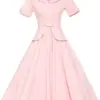 Retro Doll Collar Short Sleeve Big Swing Midi Dresses for Women Prom Party Dress Female Vinatge Elegant A-line Evening Dress