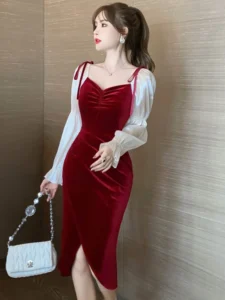 2023 Spring Elegant Sweet Girly Women Midi Dress Red Velvet Bow Bubble Sleeve Split Lady Clothes Party Office Femme Robe Vestido - Image 4