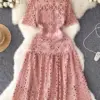 Summer Sexy Hollow Out Crochet Floral Lace Dress Women Short Sleeve O-Neck Flower Embroidery Wedding Party A Line Midi Vestidos