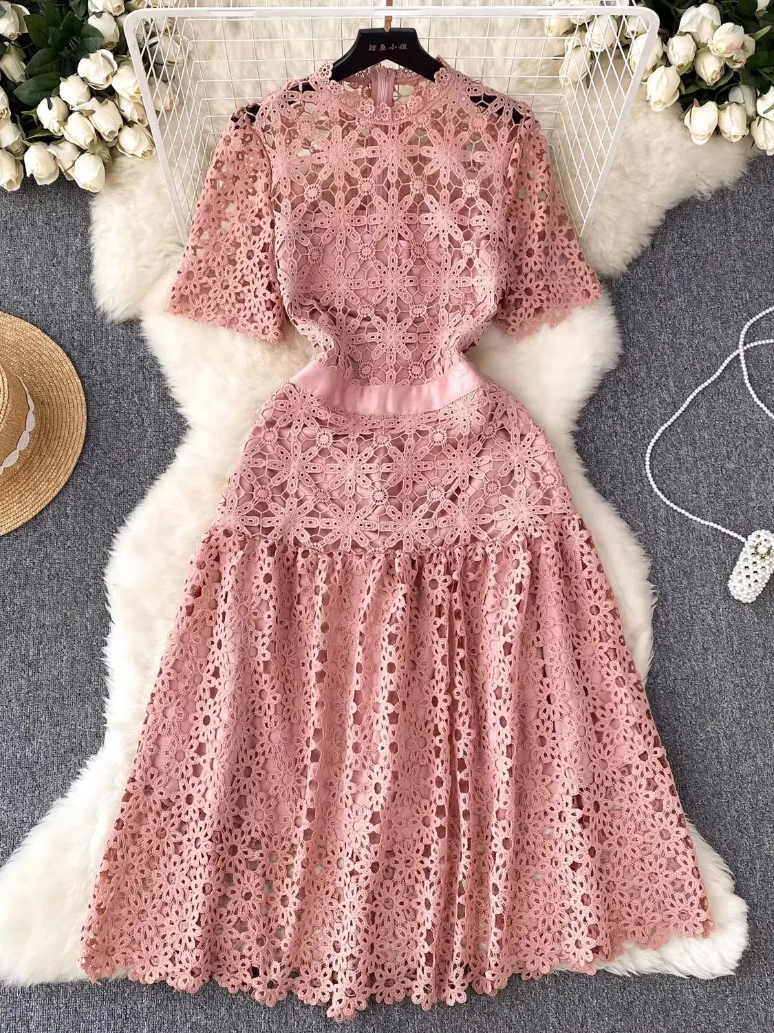Summer Sexy Hollow Out Crochet Floral Lace Dress Women Short Sleeve O-Neck Flower Embroidery Wedding Party A Line Midi Vestidos