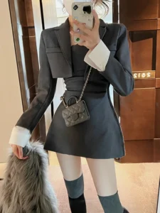 Winter Black Two Piece Dress Set Women Blazer Coat Strap Dress Set Female Casual Korean Fashion Slim Elegant Dress Suit 2022 New - Image 5