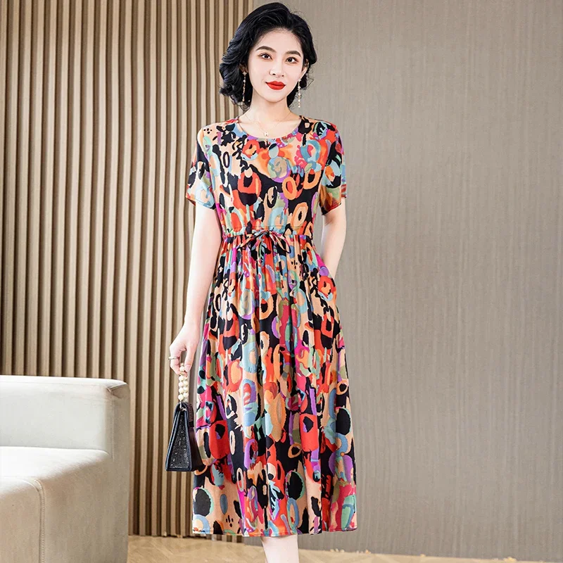 Summer Elegant Dresses for Women 2023 Casual Short Sleeve Vintage Print Ladies Floral Dresses Korean Style Summer Clothes - Image 2