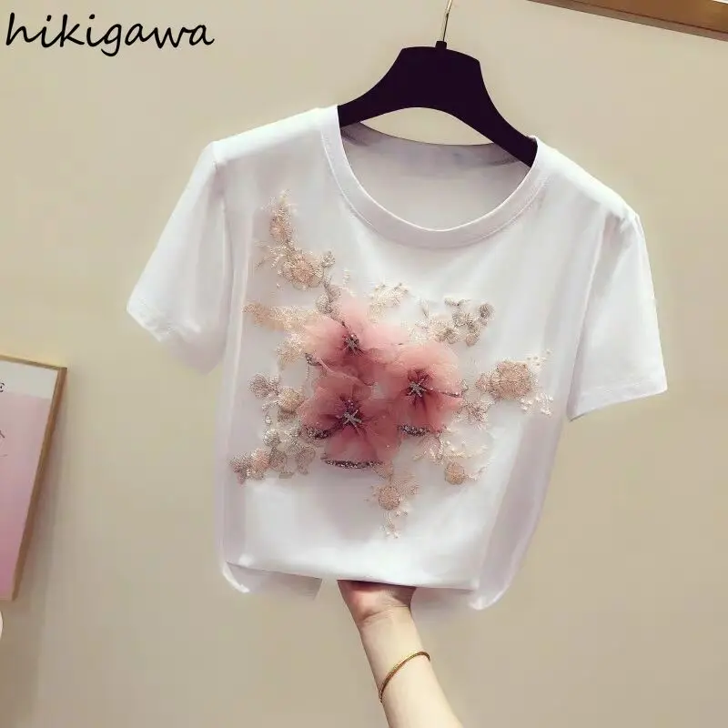 Tshirts Women 2024 Ropa Mujer Short Sleeve O-neck 3D Floral Summer Tees Oversized Tops Fashion Casual Embroidery White T Shirt