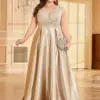 Lucyinlove Plus Size Luxury Gold Satin V-Neck Evening Dress Women Satin Wedding Party Prom Floor Lenght Cocktail Dress Gowns