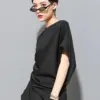 [EAM] Women Black Asymmetric Pleated Big Size T-shirt New Round Neck Batwing Sleeve Fashion Tide Spring Summer 2024