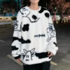 Man Oversize Sweatshirt Cartoon Hip Hop Cow Print Lamb Hair O-Neck Long Sleeve Sweatshirts Korean Fashion Clothes Streetwear - Image 3