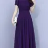 Summer Purple Chiffon Casual Beach Long Robe Women Solid Elegant Bodycon Pleated Dress 2024 Korean Vintage Party Prom Maxi Dress