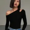 Fashion Skew Collar Off-shoulder Long-sleeved T-shirts Women Spring 2024 New Solid Slim Fit Crop Top Sexy Hollow Out Tees Shirts