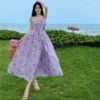 Women Rose Flower Backless Midi Party Dress 2023 Korean Fashional Light Purple Chiffon Casual Summer Elegant Vacation Dress - Image 6