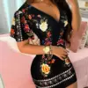 Summer Elegant Floral Print Bodycon Mini Dress Women 2024 Fashion Sexy Deep V-neck Package Hip Dresess Office Lady Party Dress