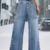 Spliced Button Denim Straight Wide Leg Jeans Pockets High Waist Vintage Fashion Women Denim Jeans Casual Streetwear Trousers