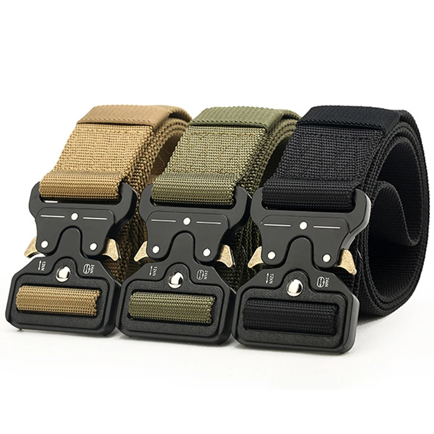 Army Canvas Belt Men Tactical Designer Belts for Jeans Pants Elastic Nylon 4.3 CM Wide Belt Black Metal Buckle Waist Belt