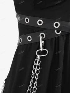 ROSEGAL Plus Size Dresses Black Chains Grommets PU Leather Zipper Ruched Dress Women Lace Panel Bow Pleated Party Dress Vestidos - Image 5