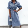 High Street Office Denim Dresses Chic Summer Short Sleeve Women Elastic Waist Long Dress Elegant 2024 Lapel Button Jeans Dress - Image 6