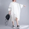 #3483 White Women Asymmetrical Shirt Dress Batwing Sleeve Loose Front Buttons Midi Dress Big Pockets Turn-down Collar Summer2023 - Image 3