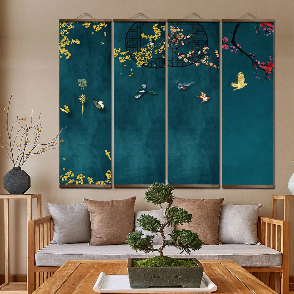 Chinese style Morandi color celebration bird and flower home wall decoration decoracion para sala tropical wall art canvas