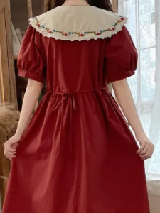 Preppy Style Red Fairy Girly Elegant Dresses Women Japanese Style Sailor Collar Tid Floral Embroidery Short Sleeve Woman Dresses - Image 6