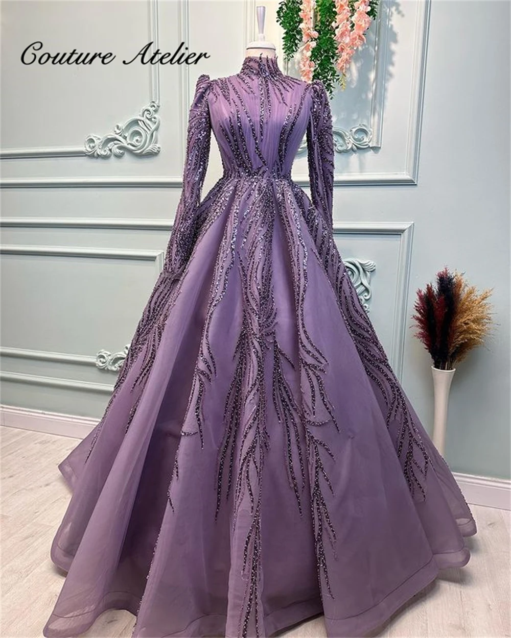Purple A Line Muslim Evening Dresses Long Sleeve Prom Dresses 2024 Luxury Elegant Dresses Turkey Wedding Party Gowns robe de bal