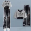 Spring/Summer Sweet Cool Set for Female Students Korean Fashion T-shirt Personalized Ripped Jeans Two-piece Set - Image 6