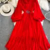 Autumn Purple/Black/Red Diamonds Draped Chiffon Pleated Party Long Dress Women Beach Vacation Vestidos Elegant Puff Sleeve Robe
