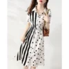 2024 New Summer Temperament Socialite Fashion Trend Lapel Tie Waist Band Patchwork Polka Dot Short Sleeved Shirt Dress for Women - Image 2