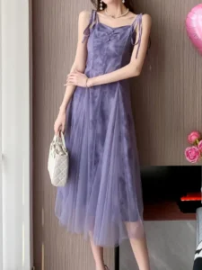 Elegant Casual Women Summer Spaghetti Strap Dress Sleeveless A-Line Solid Chic Vintage Purple Robe Female Party Vestidos Mujers - Image 5